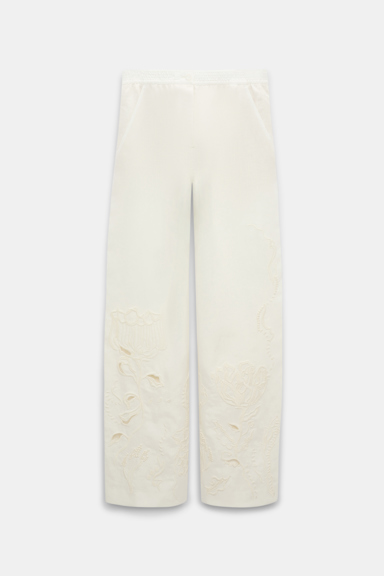 Dorothee Schumacher Linen pants with decorative embroidery camellia white