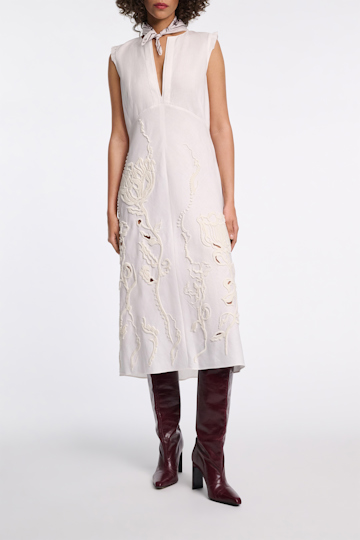 Dorothee Schumacher Linen midi dress with decorative embroidery camellia white