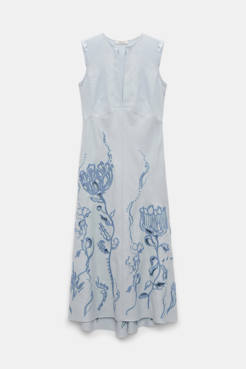 Dorothee Schumacher Linen Midi Dress With Decorative Embroidery In Blue