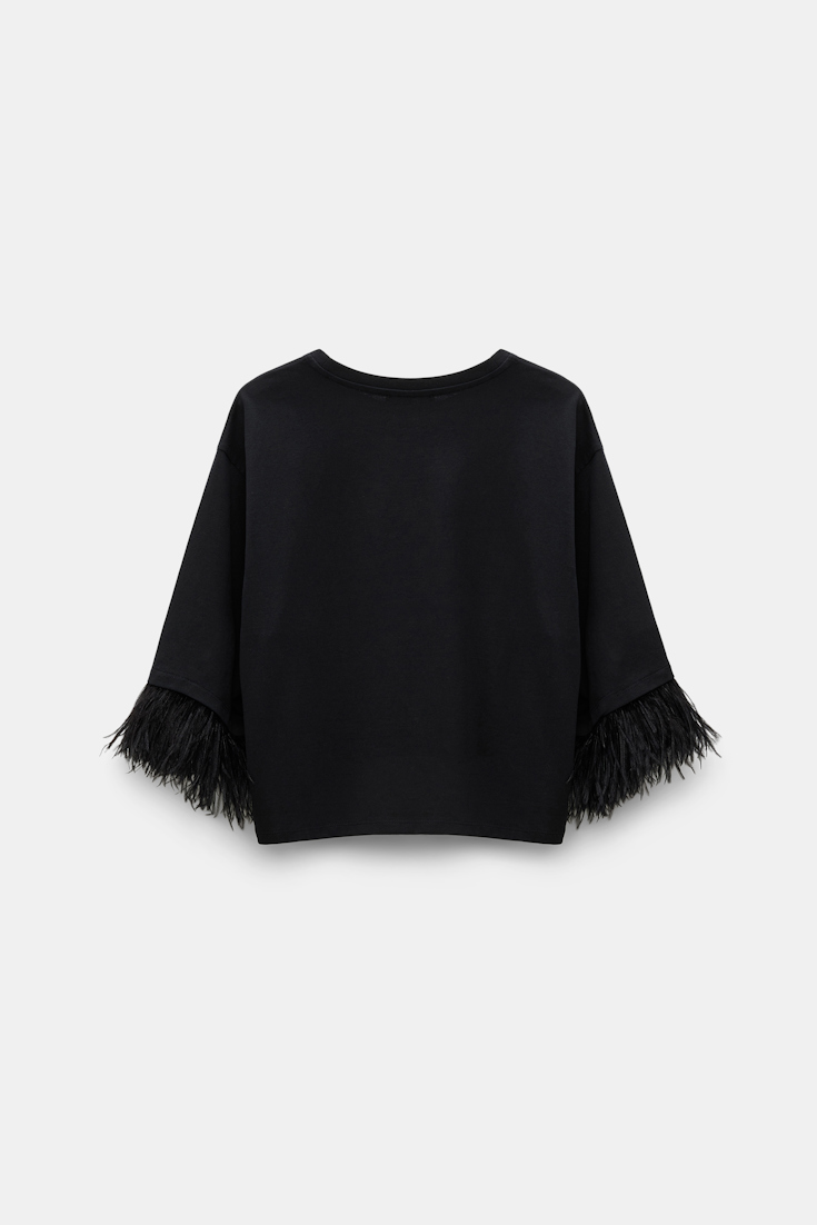 Dorothee Schumacher Boxy T-shirt with ostrich feather cuffs pure black