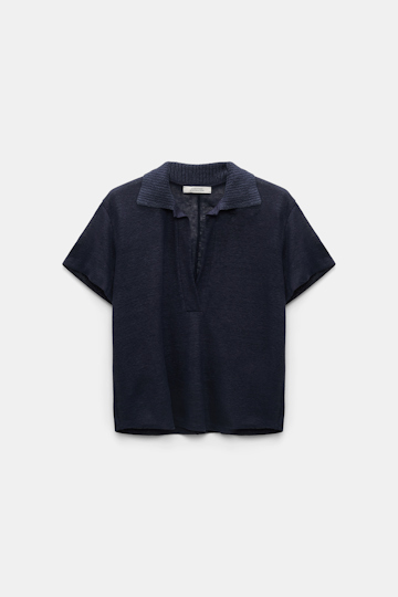 Dorothee Schumacher Hemp polo shirt with ribbed knit collar dark navy