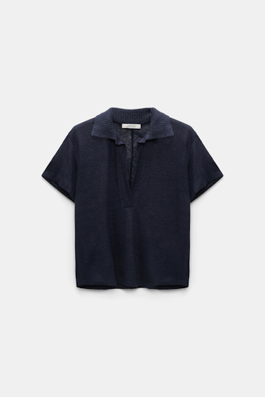 Dorothee Schumacher Hemp polo shirt with ribbed knit collar dark navy