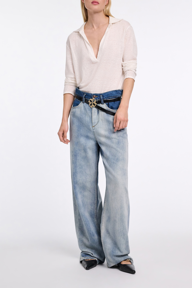 Dorothee Schumacher Hemp longsleeve polo shirt with ribbed knit collar camellia white