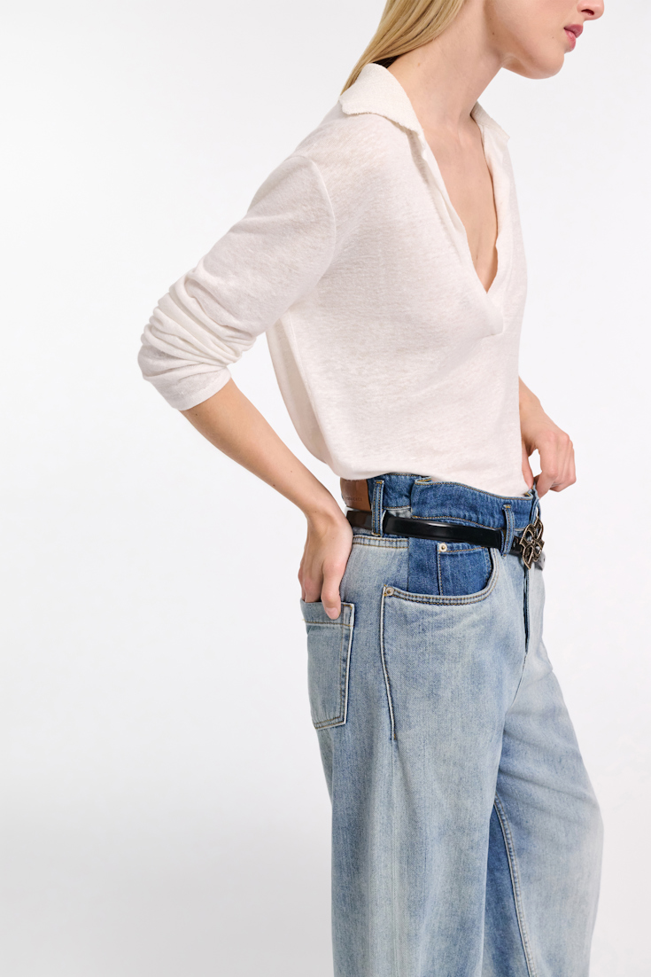 Dorothee Schumacher Hemp longsleeve polo shirt with ribbed knit collar camellia white
