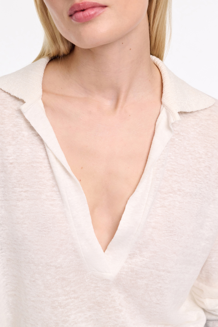Dorothee Schumacher Hemp longsleeve polo shirt with ribbed knit collar camellia white