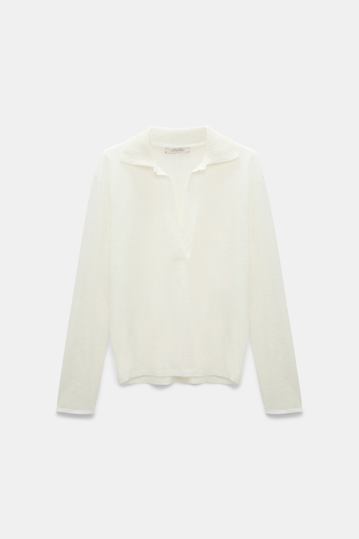 Dorothee Schumacher Hemp longsleeve polo shirt with ribbed knit collar camellia white