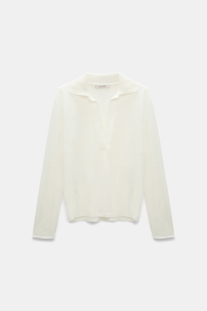 DOROTHEE SCHUMACHER HEMP LONGSLEEVE POLO SHIRT WITH RIBBED KNIT COLLAR