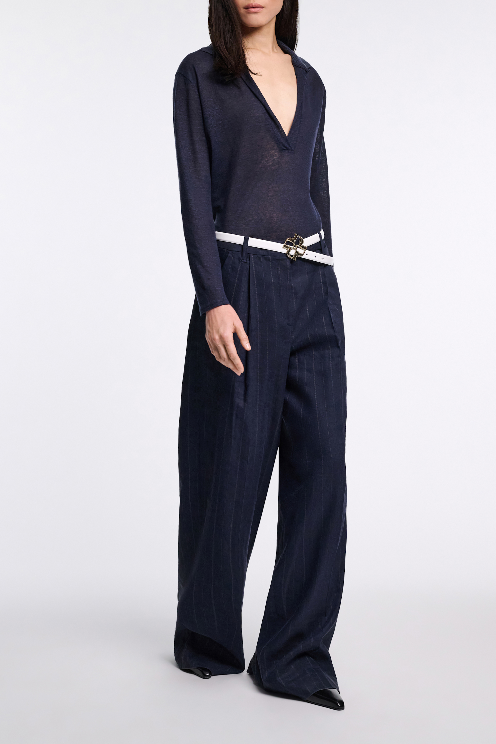 Dorothee Schumacher Hemp longsleeve polo shirt with ribbed knit collar dark navy