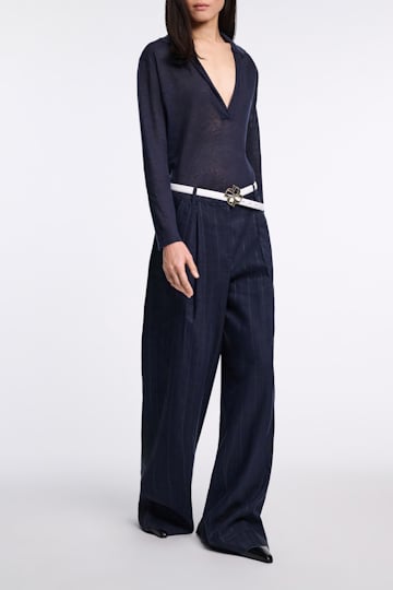 Dorothee Schumacher Hemp longsleeve polo shirt with ribbed knit collar dark navy