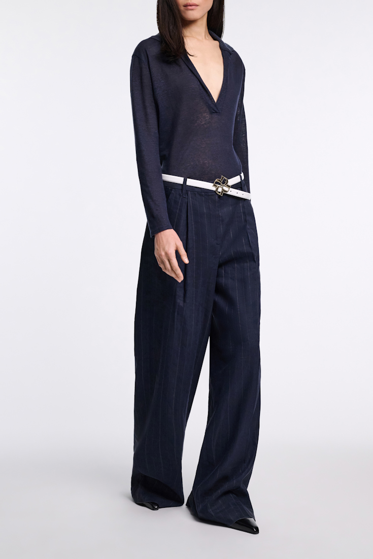 Dorothee Schumacher Hemp longsleeve polo shirt with ribbed knit collar dark navy
