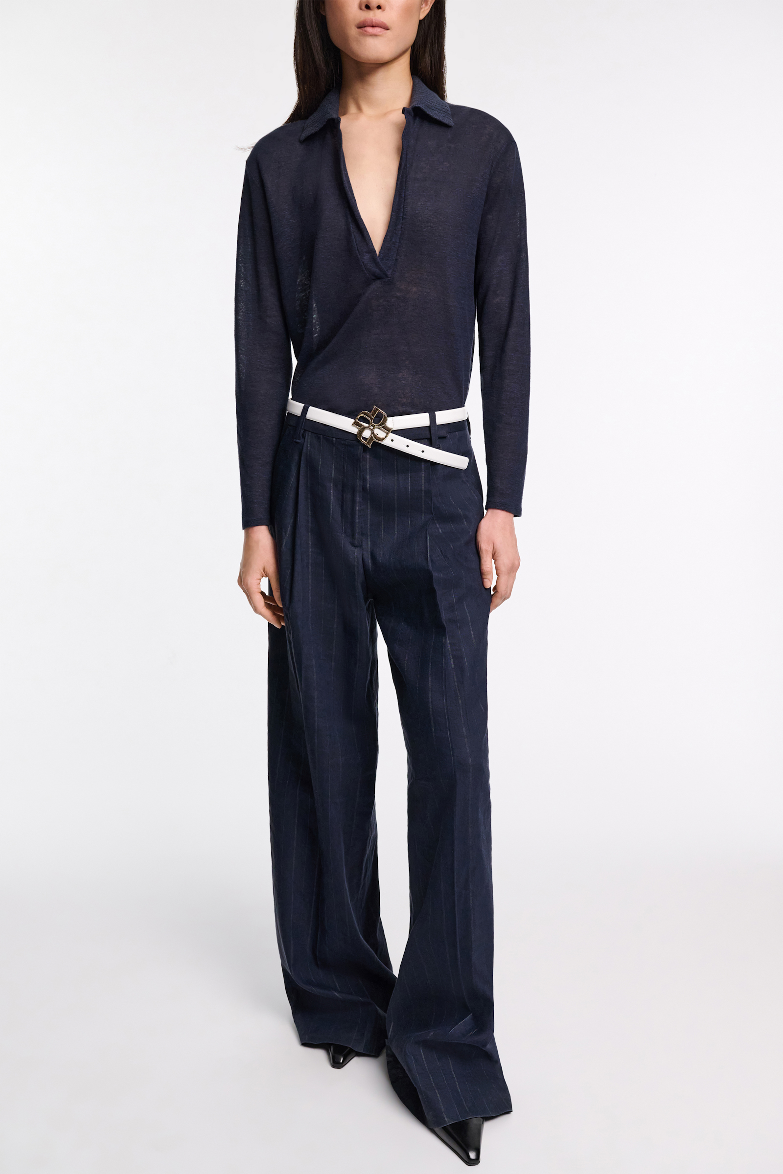 Dorothee Schumacher Hemp longsleeve polo shirt with ribbed knit collar dark navy