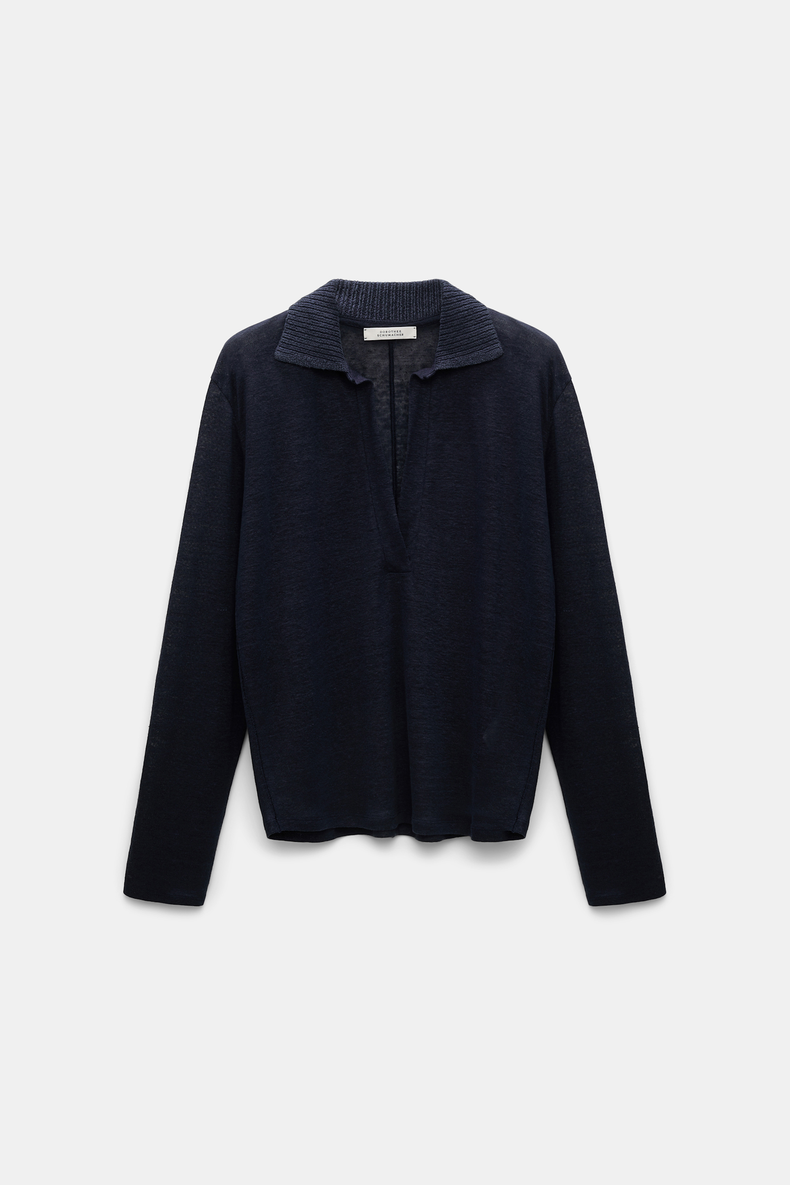 Dorothee Schumacher Hemp longsleeve polo shirt with ribbed knit collar dark navy