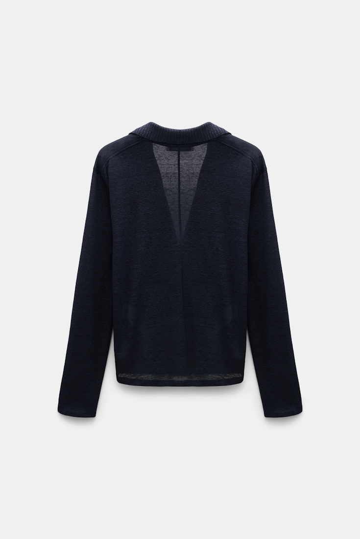 Dorothee Schumacher Hemp longsleeve polo shirt with ribbed knit collar dark navy