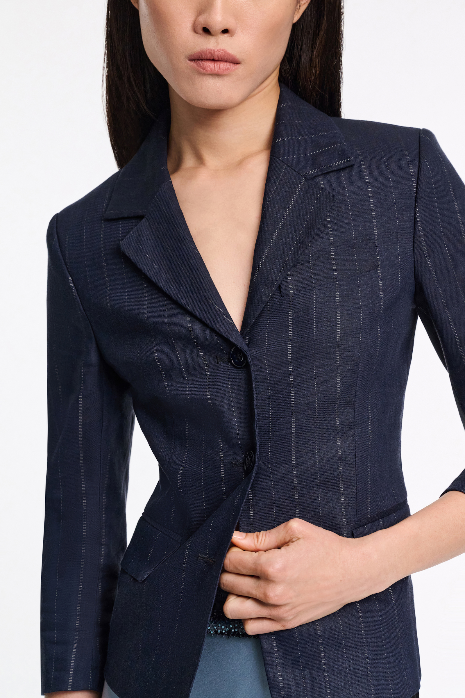Dorothee Schumacher Cropped sleeve pinstripe blazer blue night