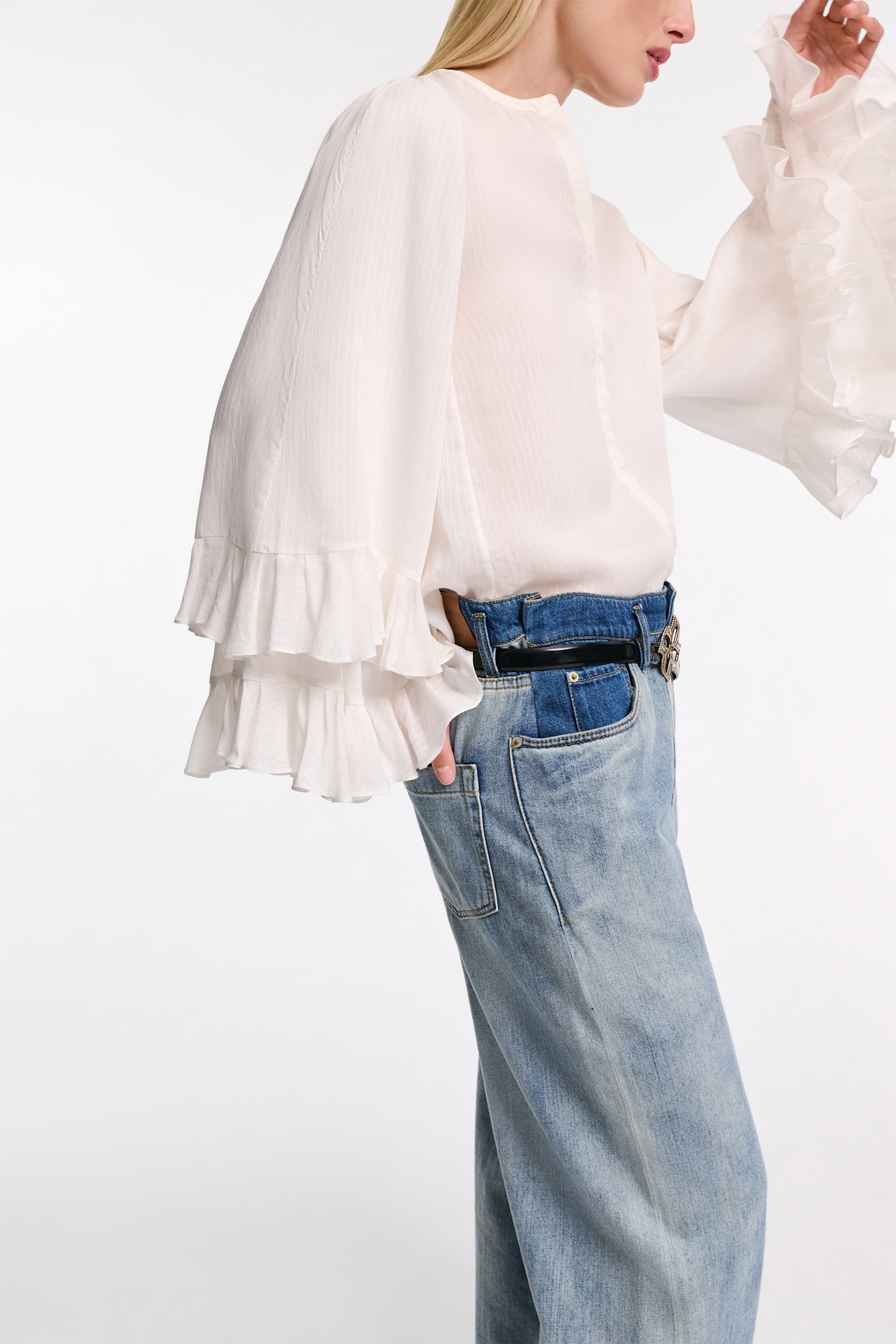 Dorothee Schumacher Striped organdy voile blouse with flounce cuffs camellia white