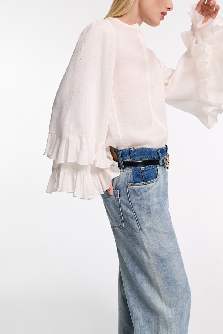 Dorothee Schumacher Striped organdy voile blouse with flounce cuffs camellia white