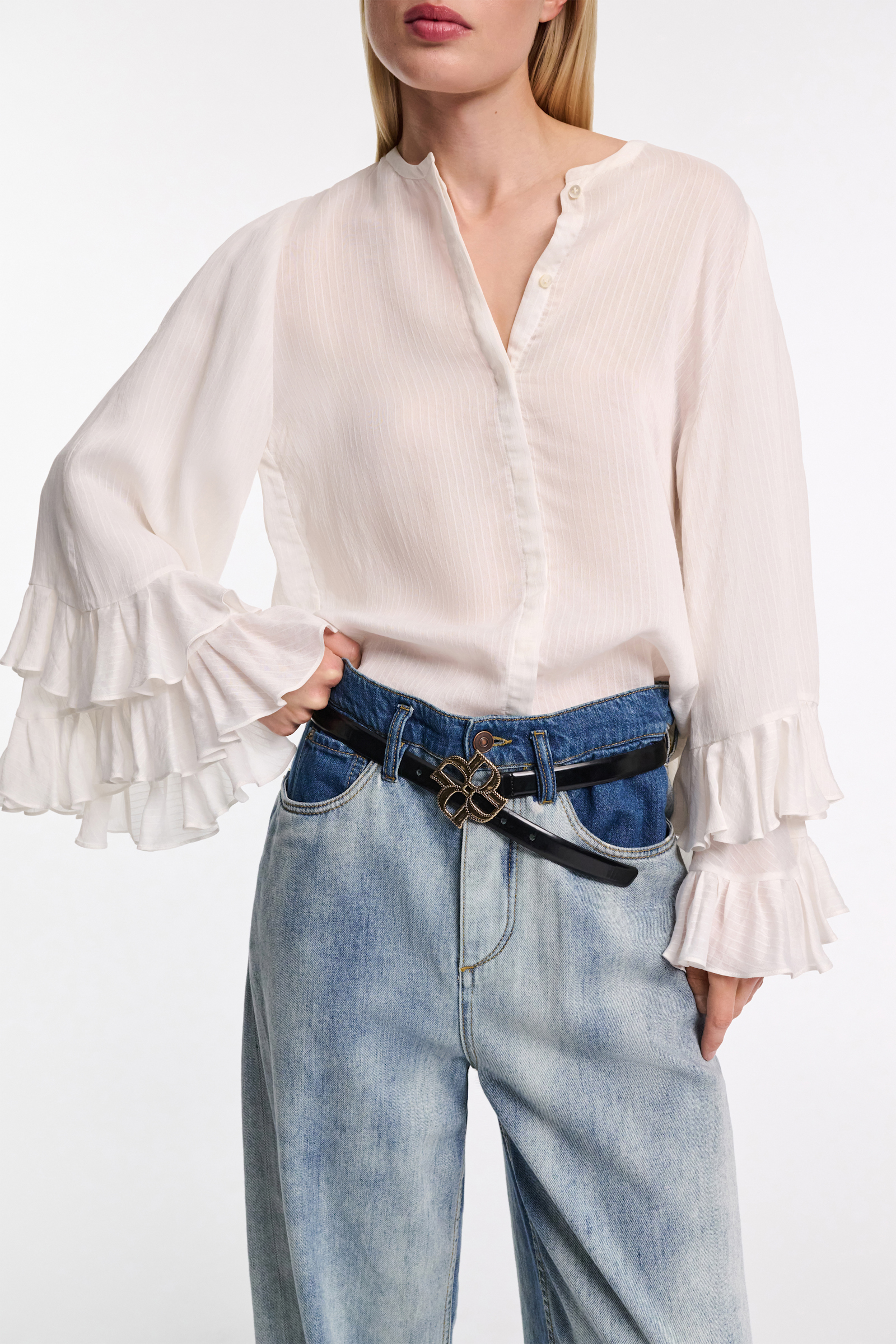 Dorothee Schumacher Striped organdy voile blouse with flounce cuffs camellia white