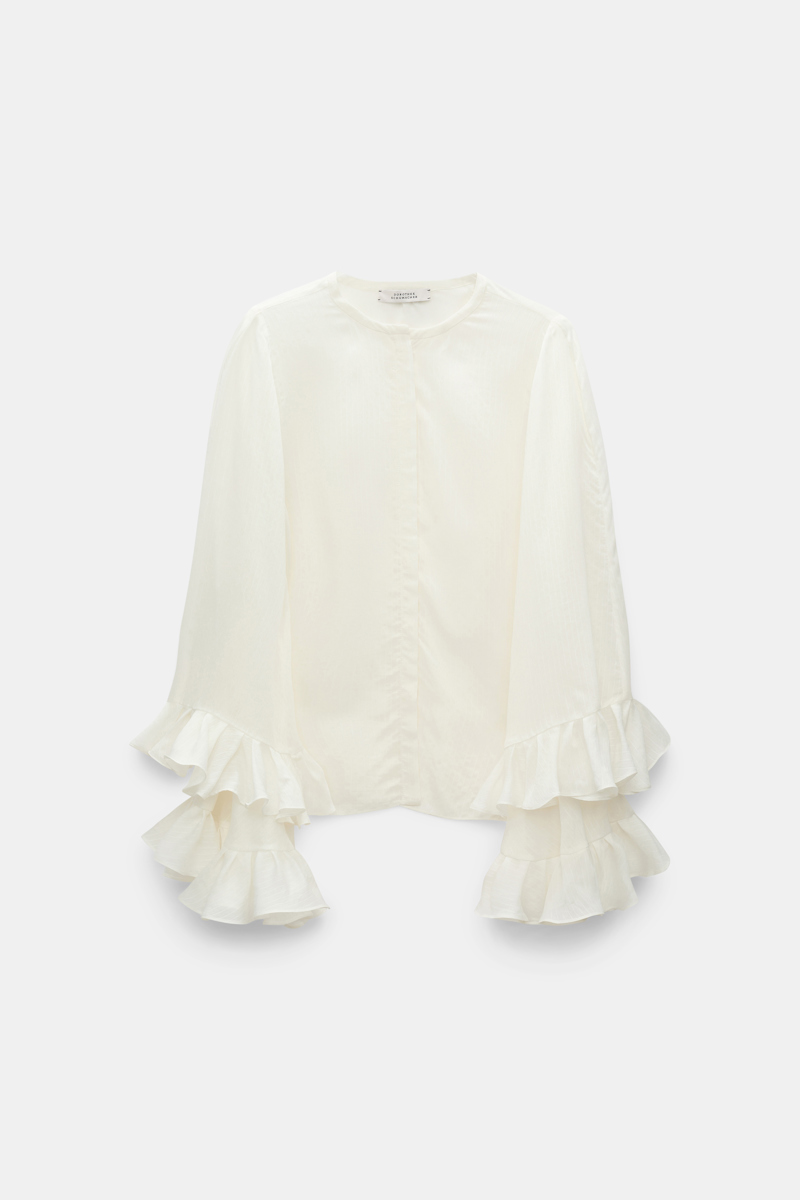 DOROTHEE SCHUMACHER STRIPED ORGANDY VOILE BLOUSE WITH FLOUNCE CUFFS 