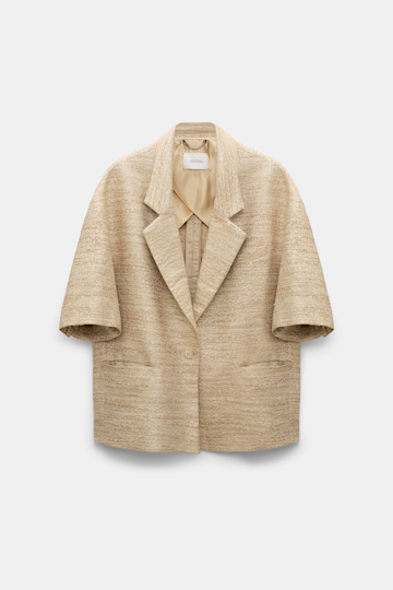 Dorothee Schumacher Lurex-tweed short sleeve jacket. shimmering sand