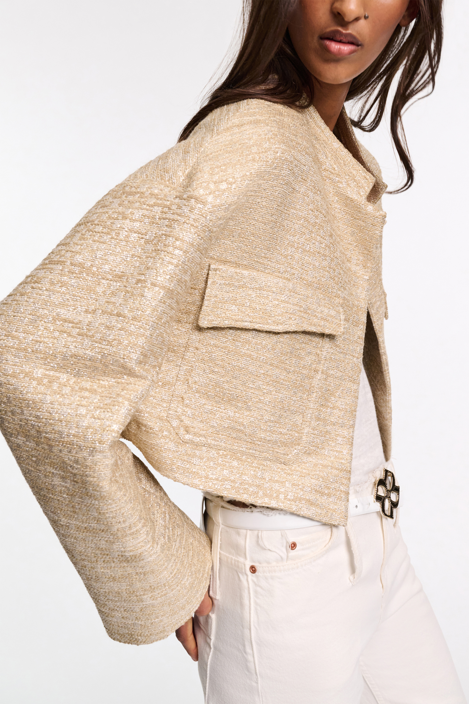 Dorothee Schumacher Lurex-tweed cropped jacket. shimmering sand