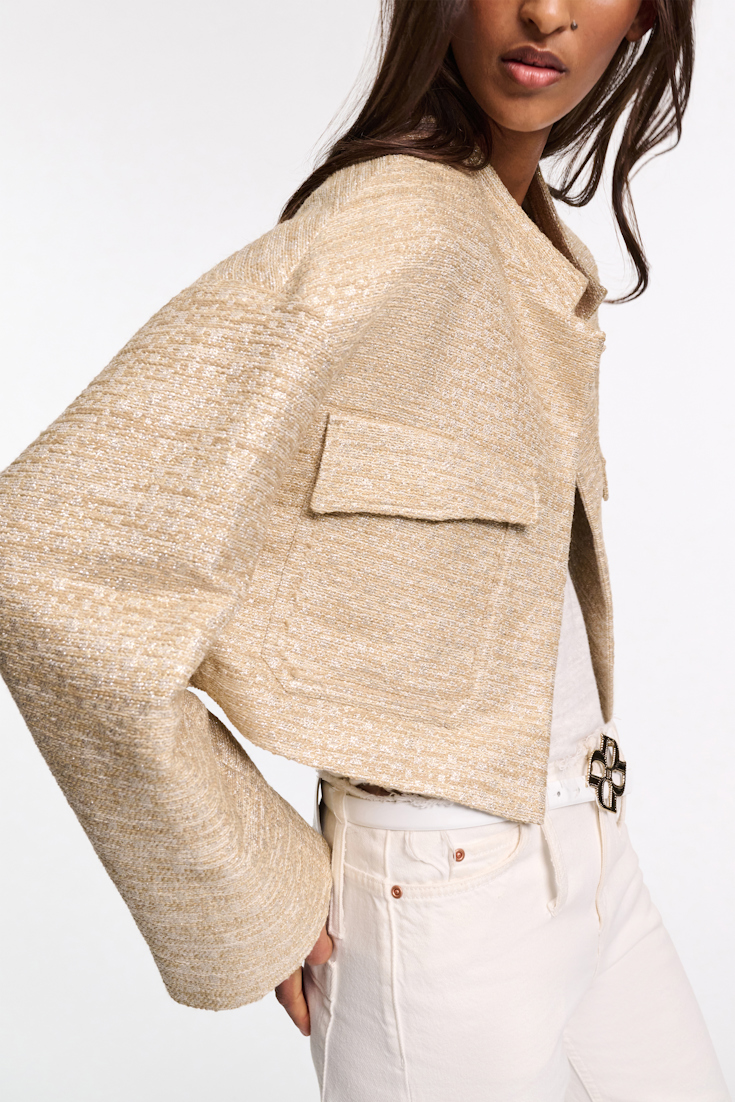 Dorothee Schumacher Lurex-tweed cropped jacket. shimmering sand