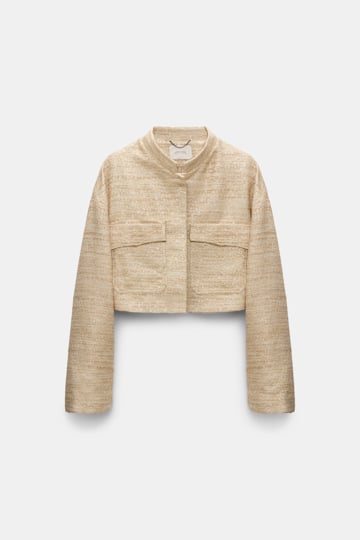 Dorothee Schumacher Lurex-tweed cropped jacket. shimmering sand