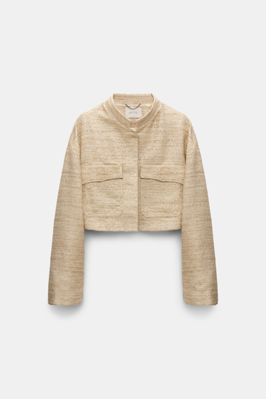Dorothee Schumacher Lurex-tweed cropped jacket. shimmering sand