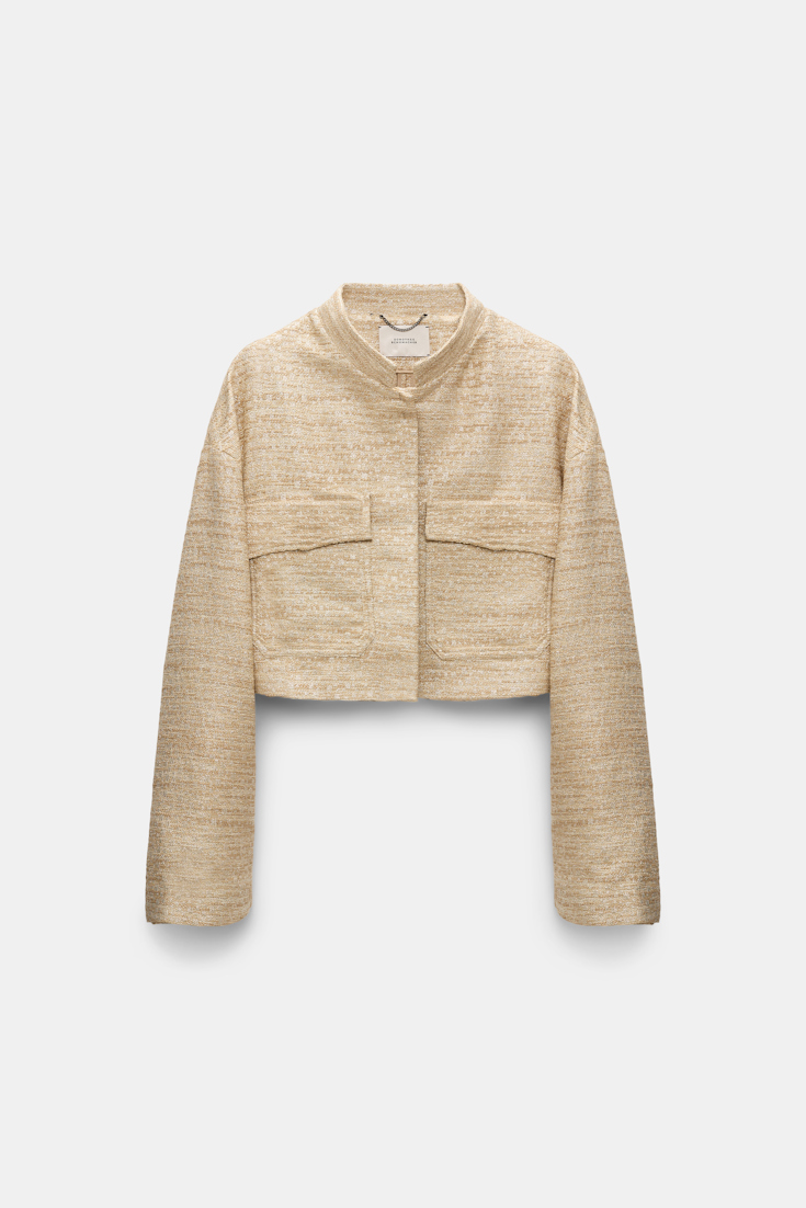 Dorothee Schumacher Lurex-tweed cropped jacket. shimmering sand