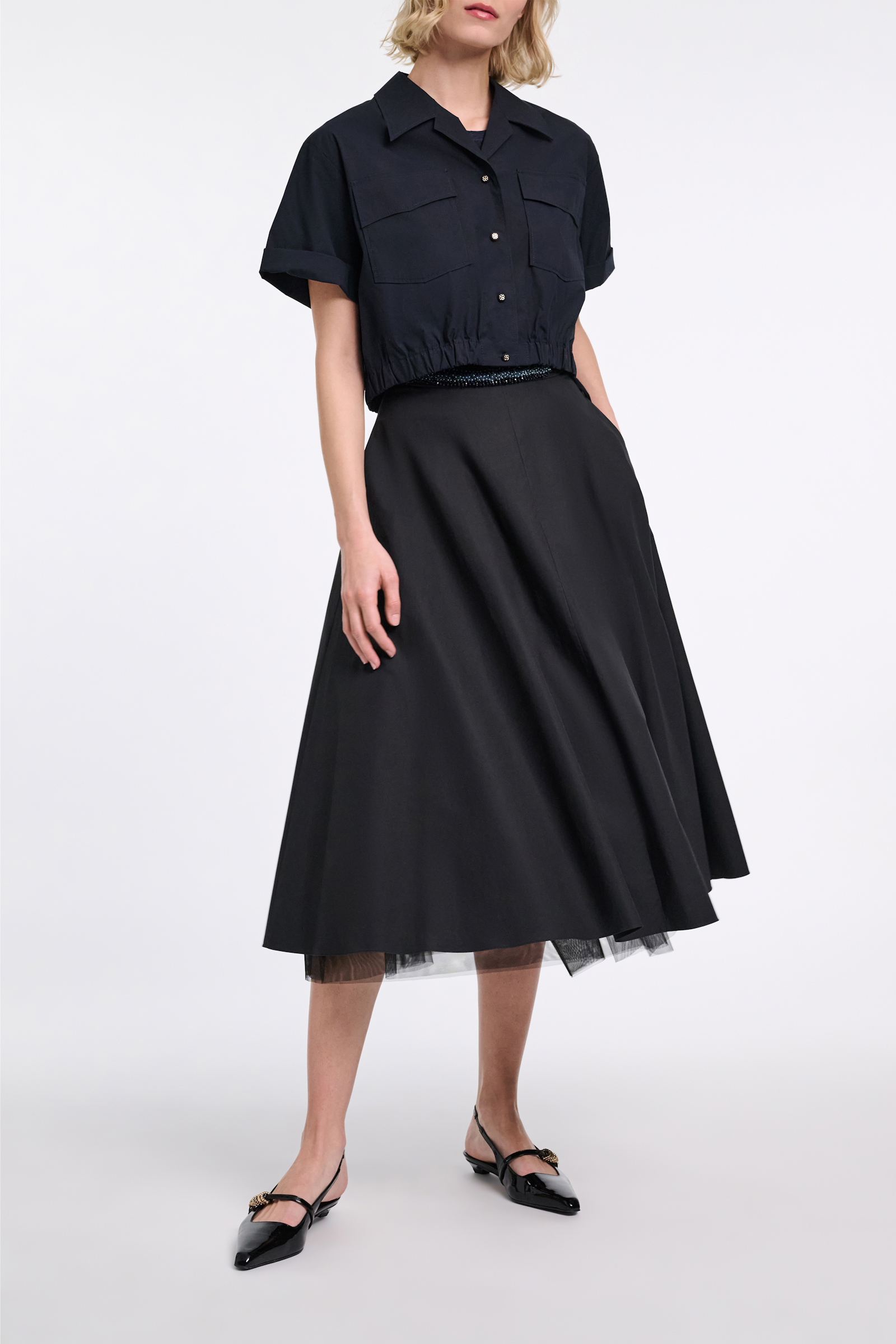 Dorothee Schumacher Cropped, short sleeve blouse in cotton poplin midnight