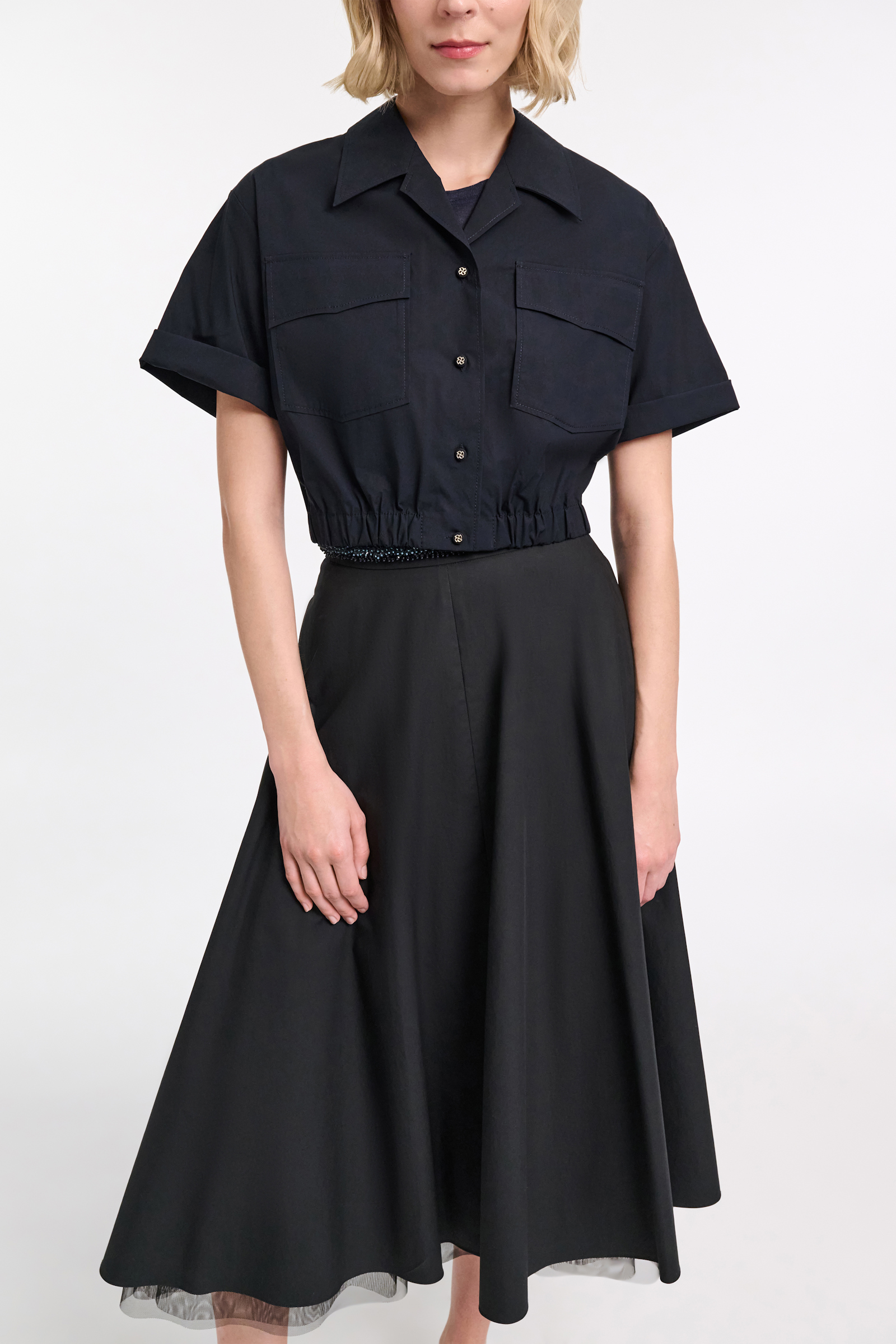 Dorothee Schumacher Cropped, short sleeve blouse in cotton poplin midnight