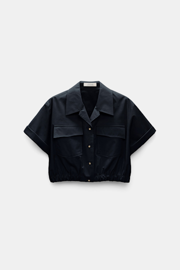 Dorothee Schumacher Cropped, short sleeve blouse in cotton poplin midnight