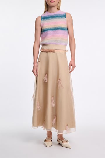 Dorothee Schumacher Feather- and bead-embellished midi skirt soft tan