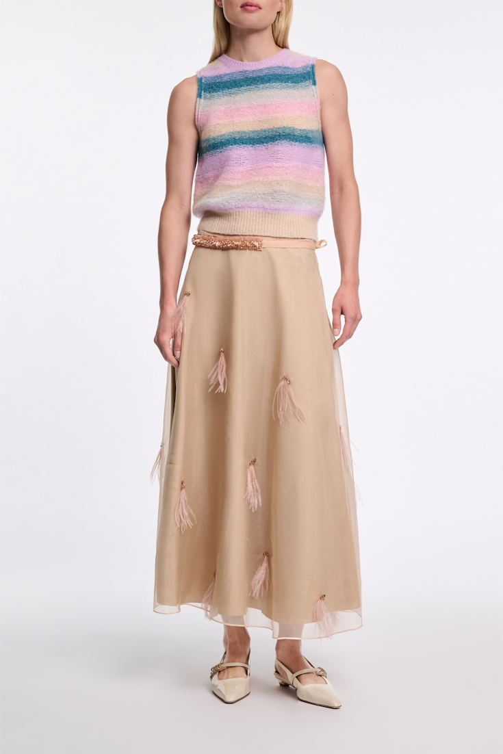 Dorothee Schumacher Feather- and bead-embellished midi skirt soft tan
