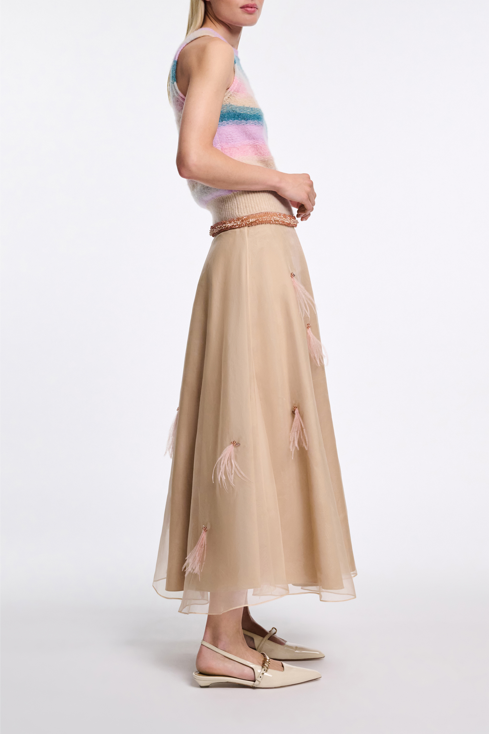 Dorothee Schumacher Feather- and bead-embellished midi skirt soft tan