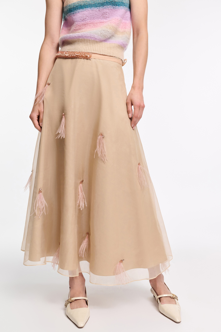 Dorothee Schumacher Feather- and bead-embellished midi skirt soft tan