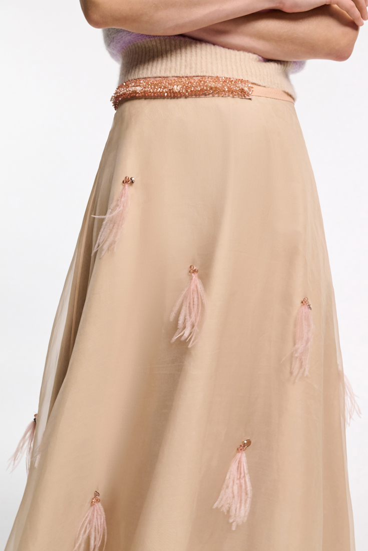 Dorothee Schumacher Feather- and bead-embellished midi skirt soft tan