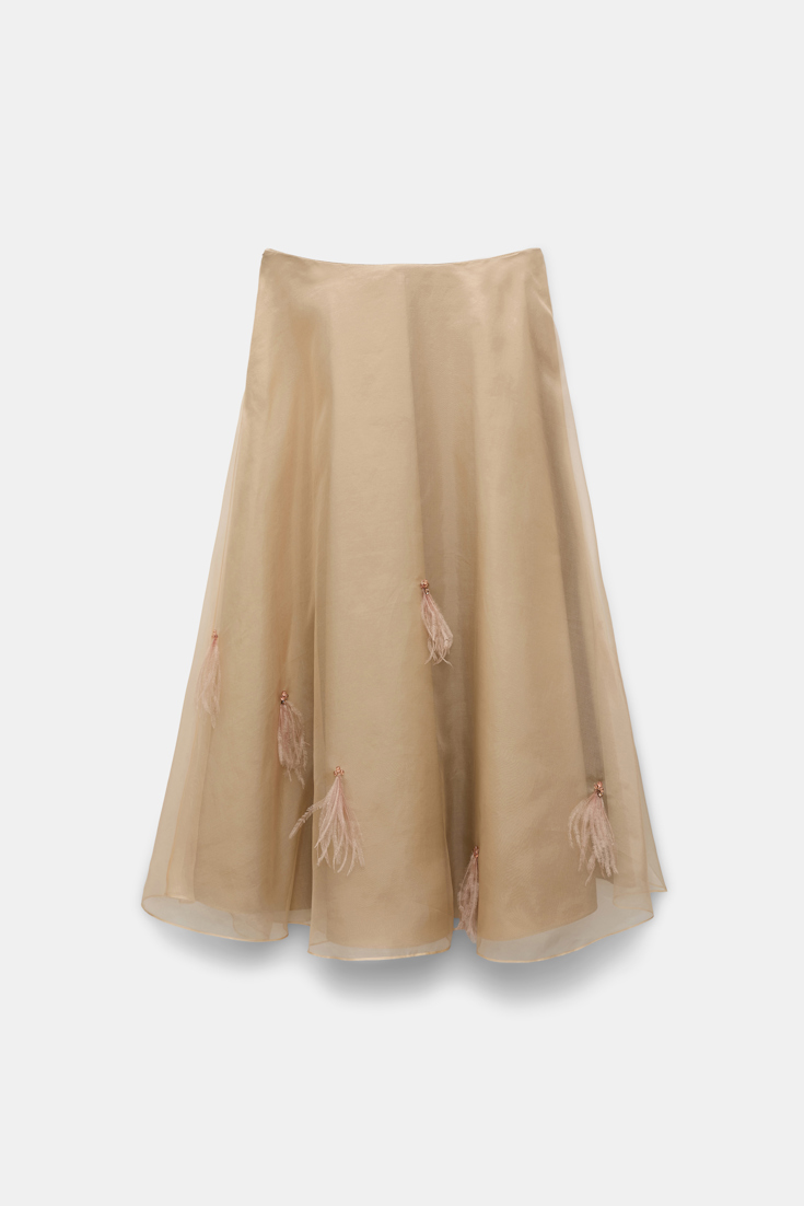 Dorothee Schumacher Feather- and bead-embellished midi skirt soft tan
