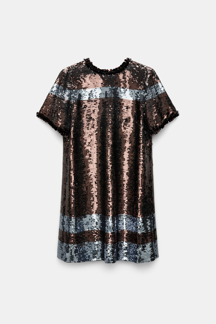 Dorothee Schumacher Gestreiftes, kurzes Shiftkleid aus Pailletten dark brown blue