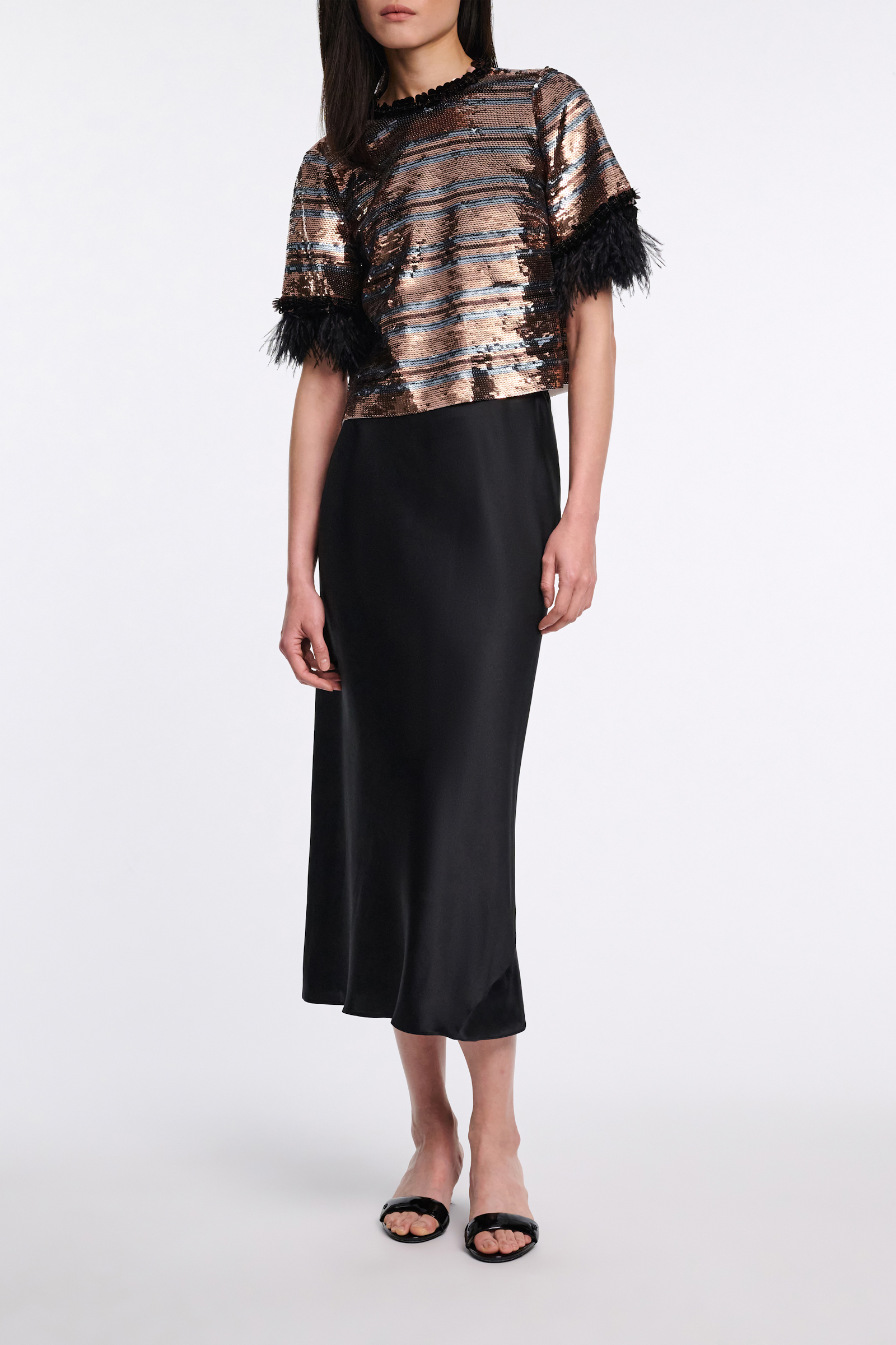 Dorothee Schumacher Striped sequin T-shirt with feather cuffs tan- malachite stripes