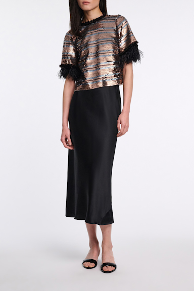 Dorothee Schumacher Striped sequin T-shirt with feather cuffs tan- malachite stripes