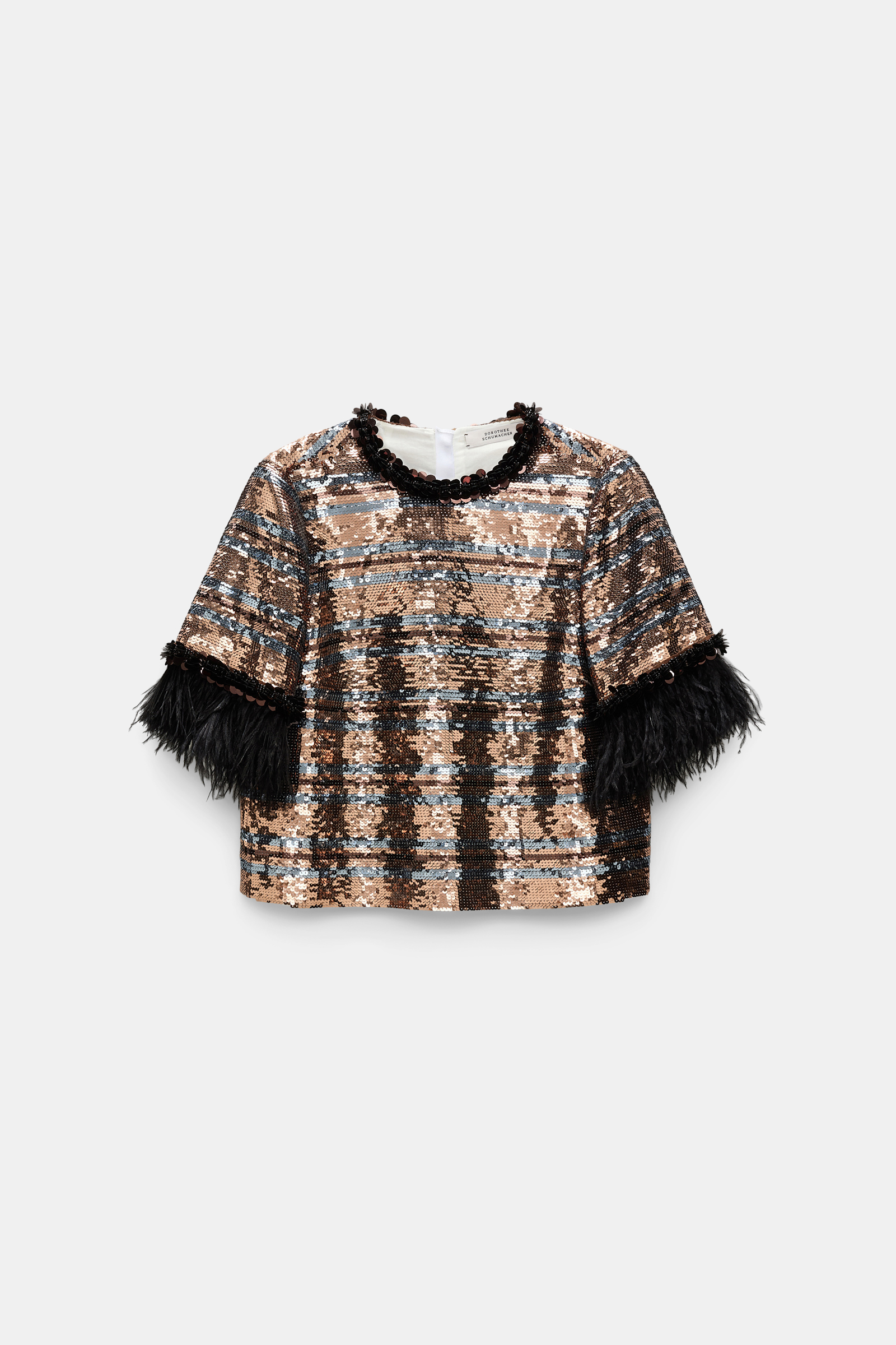 Dorothee Schumacher Striped sequin T-shirt with feather cuffs tan- malachite stripes