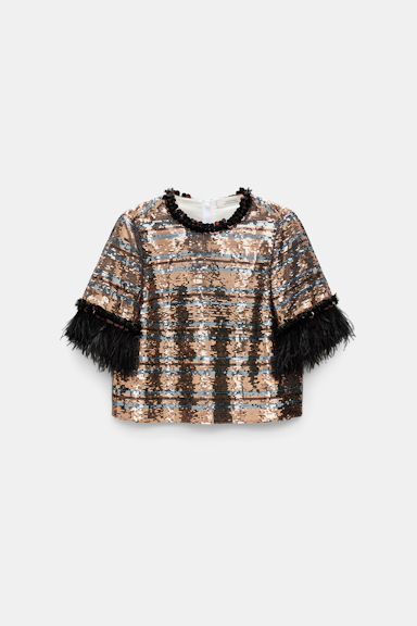 Dorothee Schumacher Striped sequin T-shirt with feather cuffs tan- malachite stripes