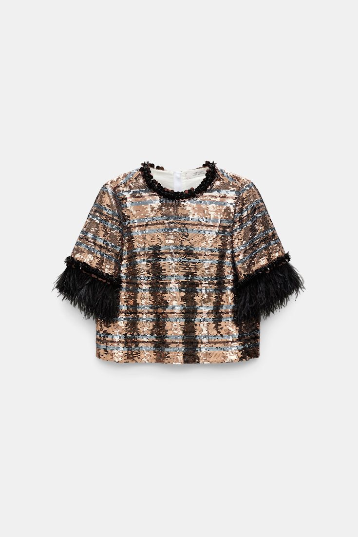 Dorothee Schumacher Striped sequin T-shirt with feather cuffs tan- malachite stripes