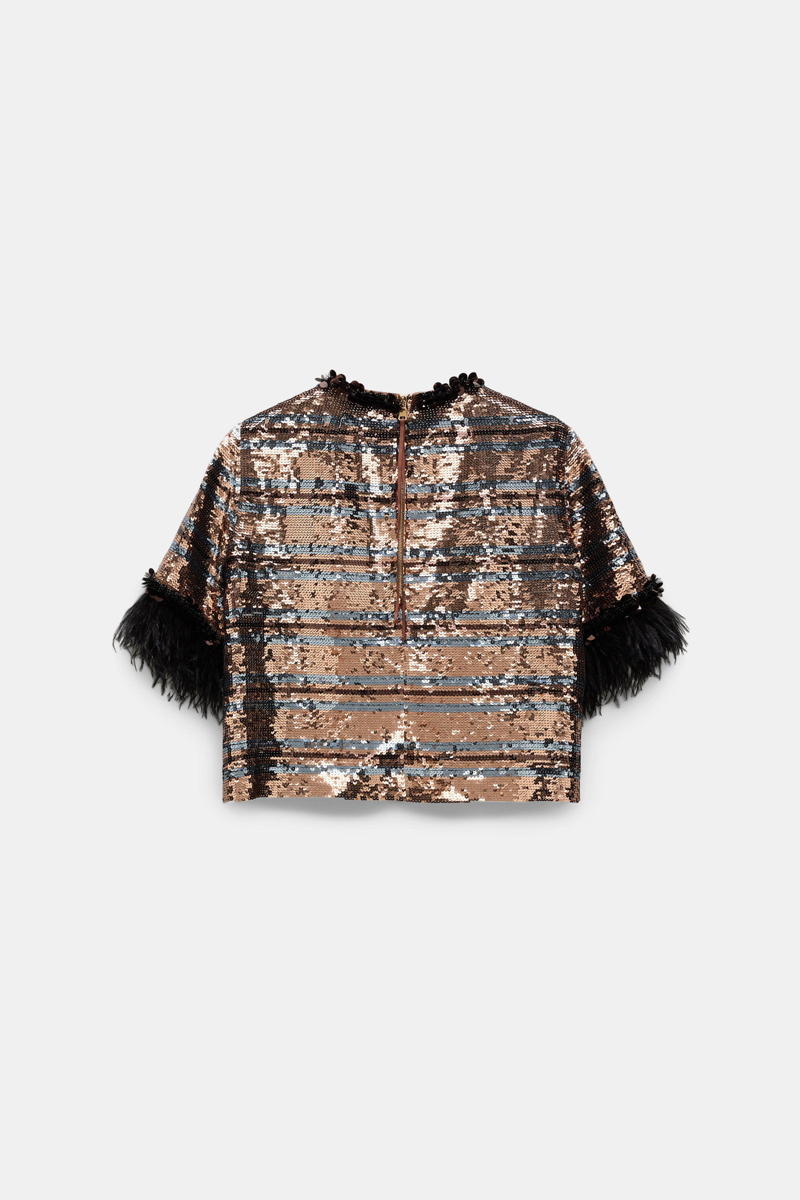 Dorothee Schumacher Striped sequin T-shirt with feather cuffs tan- malachite stripes