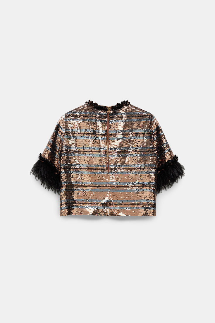 Dorothee Schumacher Striped sequin T-shirt with feather cuffs tan- malachite stripes