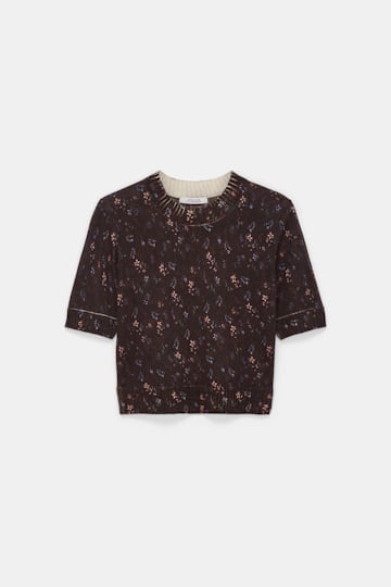 Dorothee Schumacher Wool-cashmere floral short sleeve pullover winter blossom dark brown