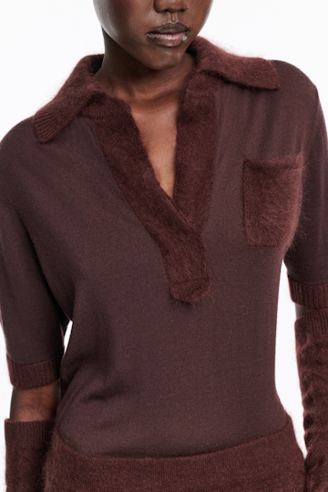 Dorothee Schumacher Virgin Merino open collar knit top dark chocolate