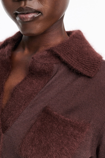 Dorothee Schumacher Virgin Merino open collar knit top dark chocolate