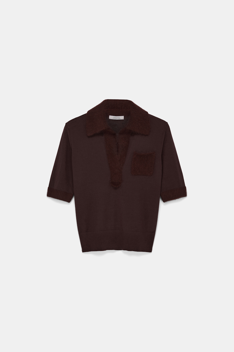 Dorothee Schumacher Virgin Merino Open Collar Knit Top In Brown
