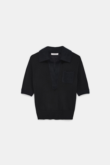 Dorothee Schumacher Virgin Merino open collar knit top pure black